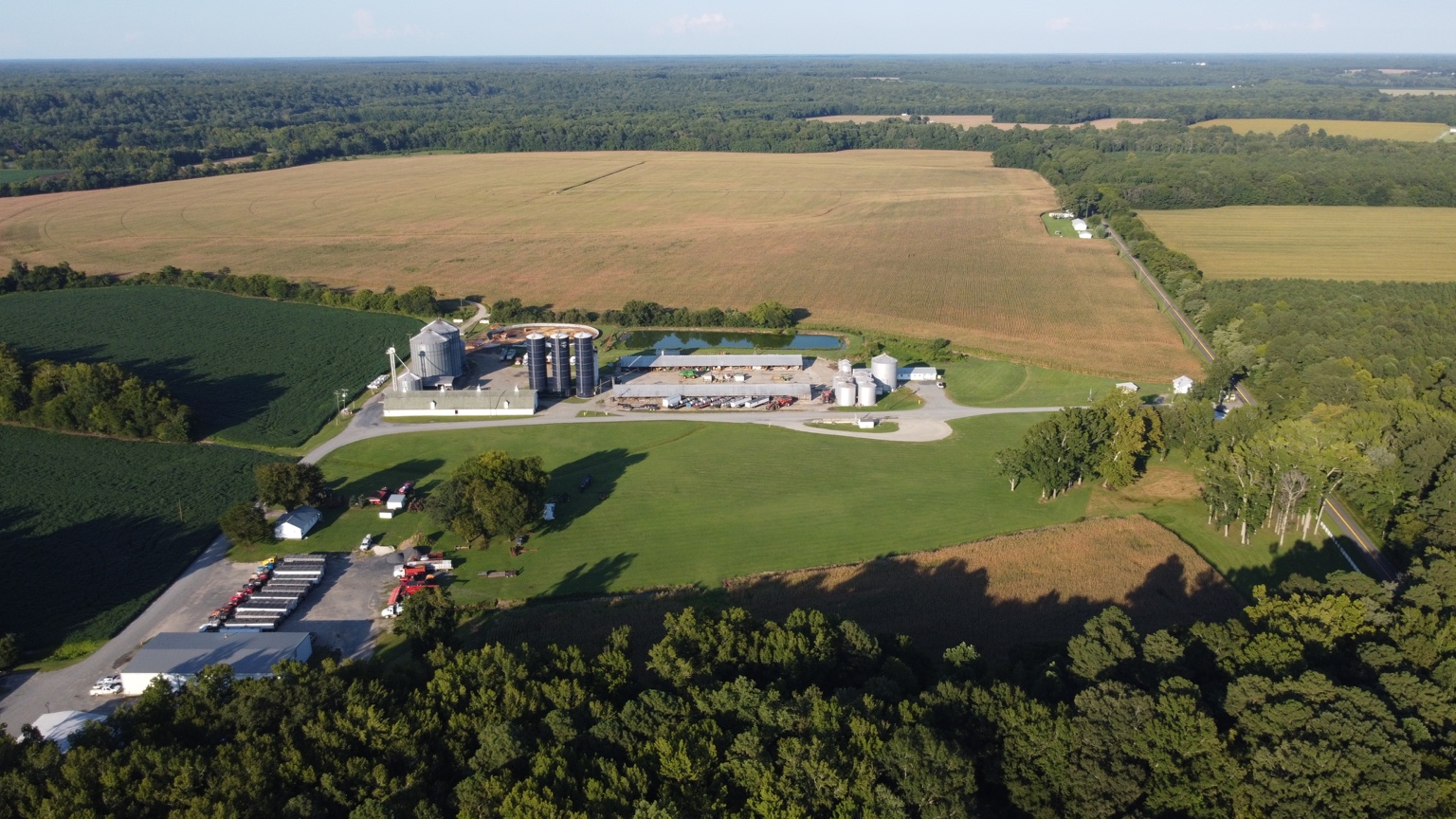 Aerial view of the Engel Family Farms headquarters surrounded by grain fields